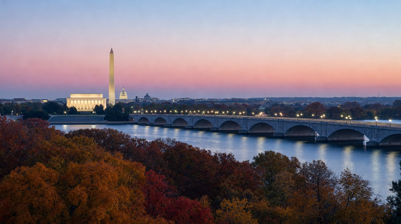 Arlington Memorial Bridge on an autumn evening, seen from the Netherlands Carillon hill: lamps lit along its stone arches over the Potomac, the Lincoln Memorial, the Washington Monument and the Capitol dome under a pink sky, and red and orange trees in front