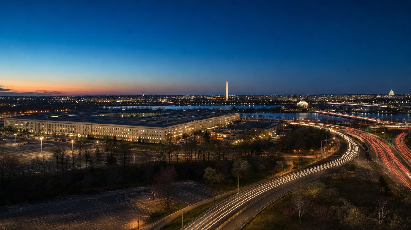 The Pentagon at blue hour seen from a Pentagon City tower in Arlington: the long, low lit building with highway light trails curving past it, and the Washington Monument, the Jefferson Memorial and the Capitol dome across the river