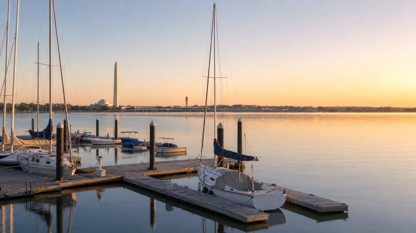 Washington Sailing Marina on Daingerfield Island in Alexandria at sunrise: sailboats at the floating docks on glassy water, with the Washington Monument, the Jefferson Memorial dome and the Reagan National tower on the far shore