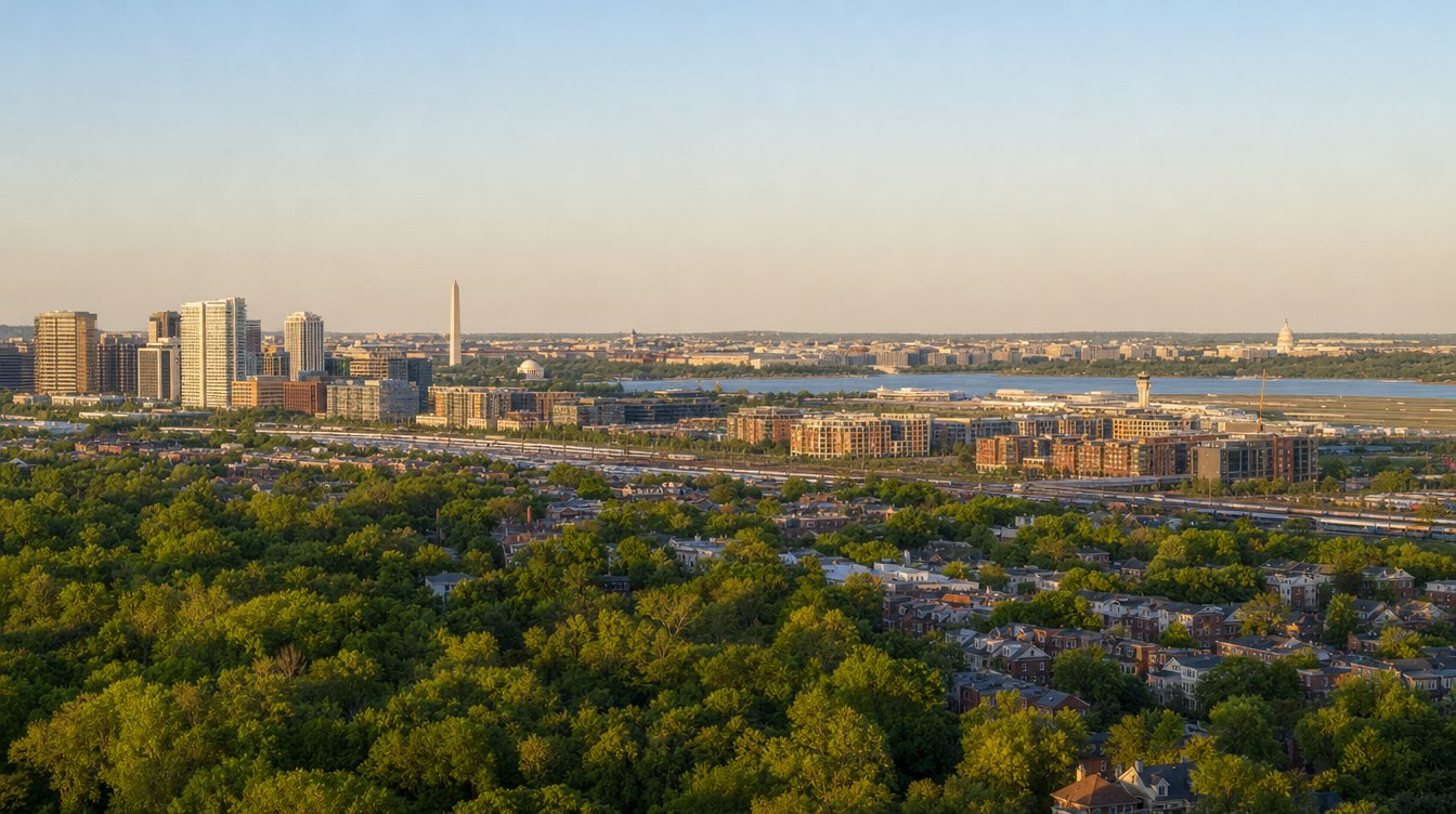 Alexandria from the Masonic Memorial deck on a spring evening: green treetops and rooftops below, the Crystal City towers on the left and the Washington Monument and the Capitol dome on the far horizon