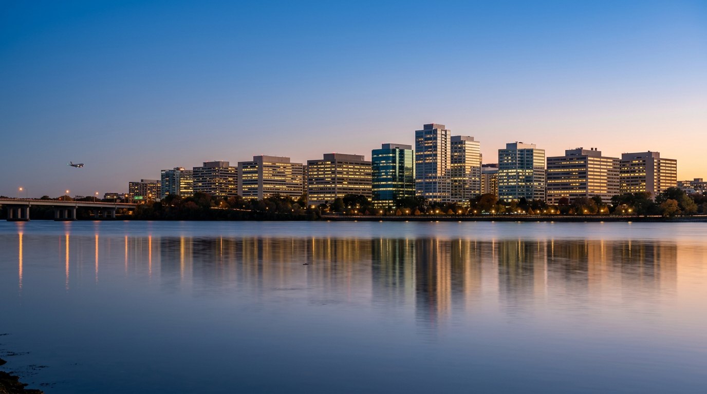 The Crystal City skyline in Arlington at blue hour, seen across the calm Potomac River: a long row of cream and glass office towers with lit windows, a tree line and parkway lights along the shore, a bridge on the left and an airliner coming in toward Reagan National