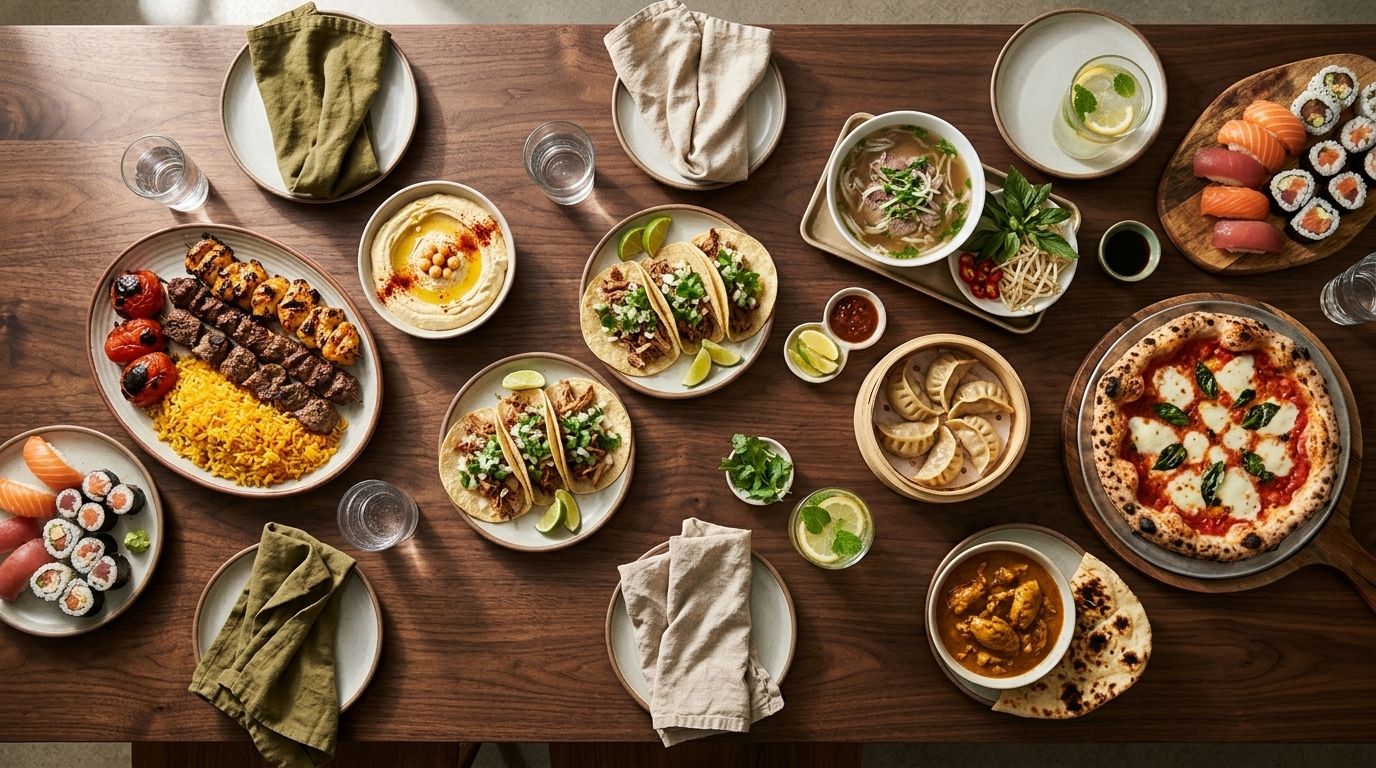 A long table of dishes from many cuisines: kabobs, tacos, pho, sushi, dumplings, pizza and curry