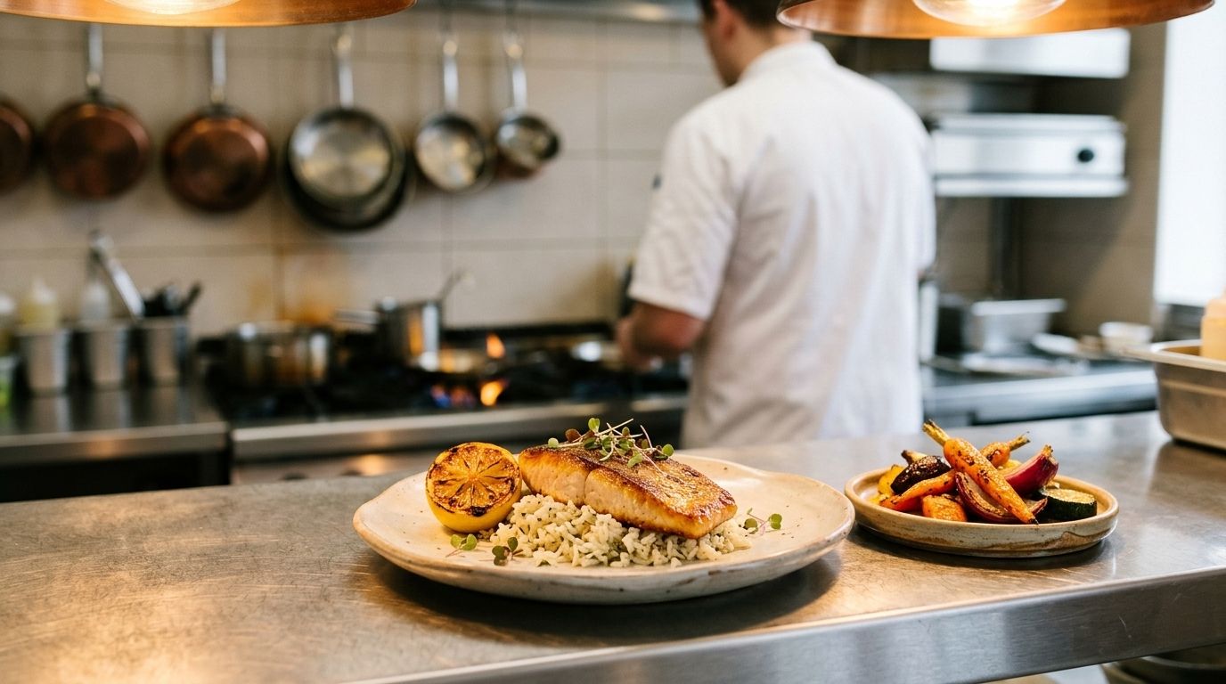 A freshly plated dish on the pass of an open restaurant kitchen