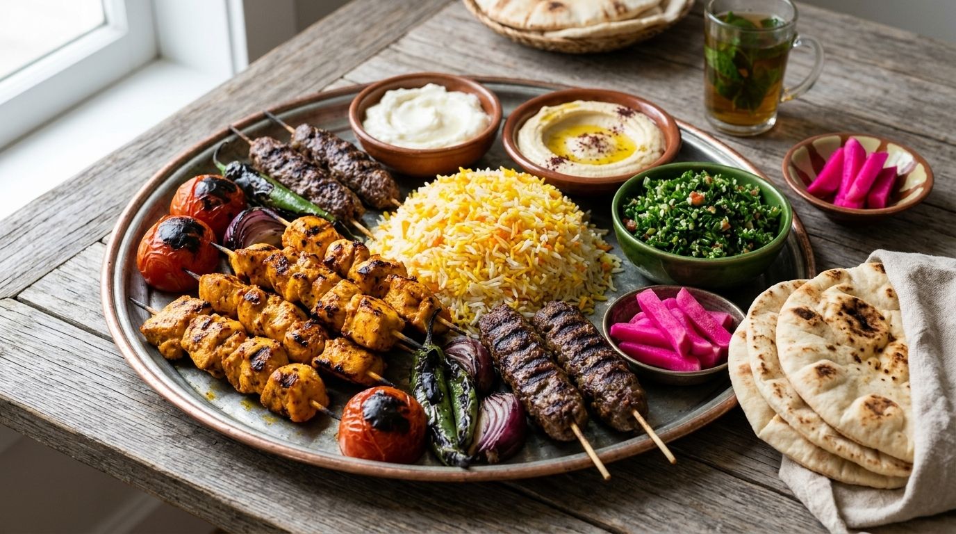 A Middle Eastern mixed grill platter with kabobs, saffron rice, hummus and warm bread