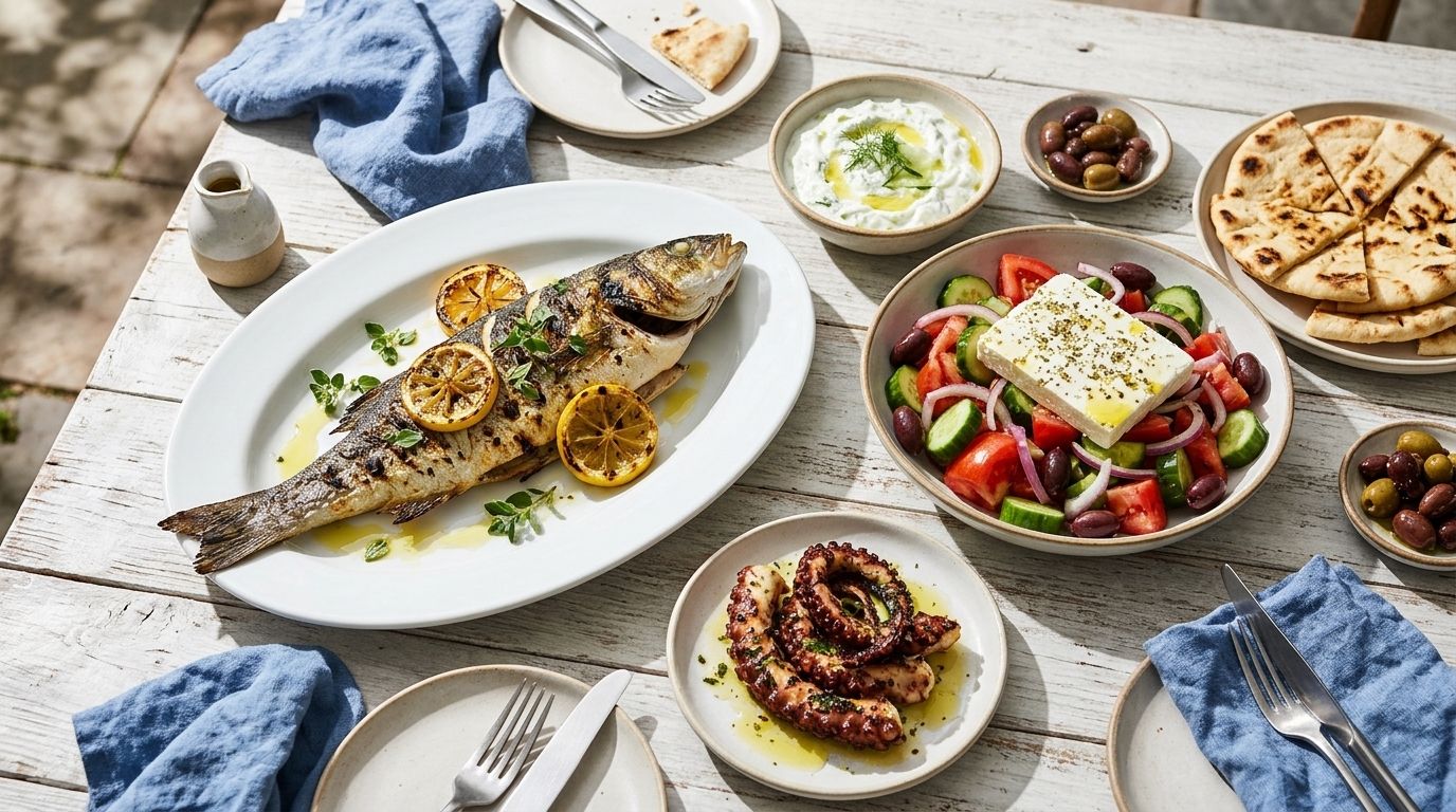 Grilled fish, Greek salad, tzatziki and grilled octopus on a white table