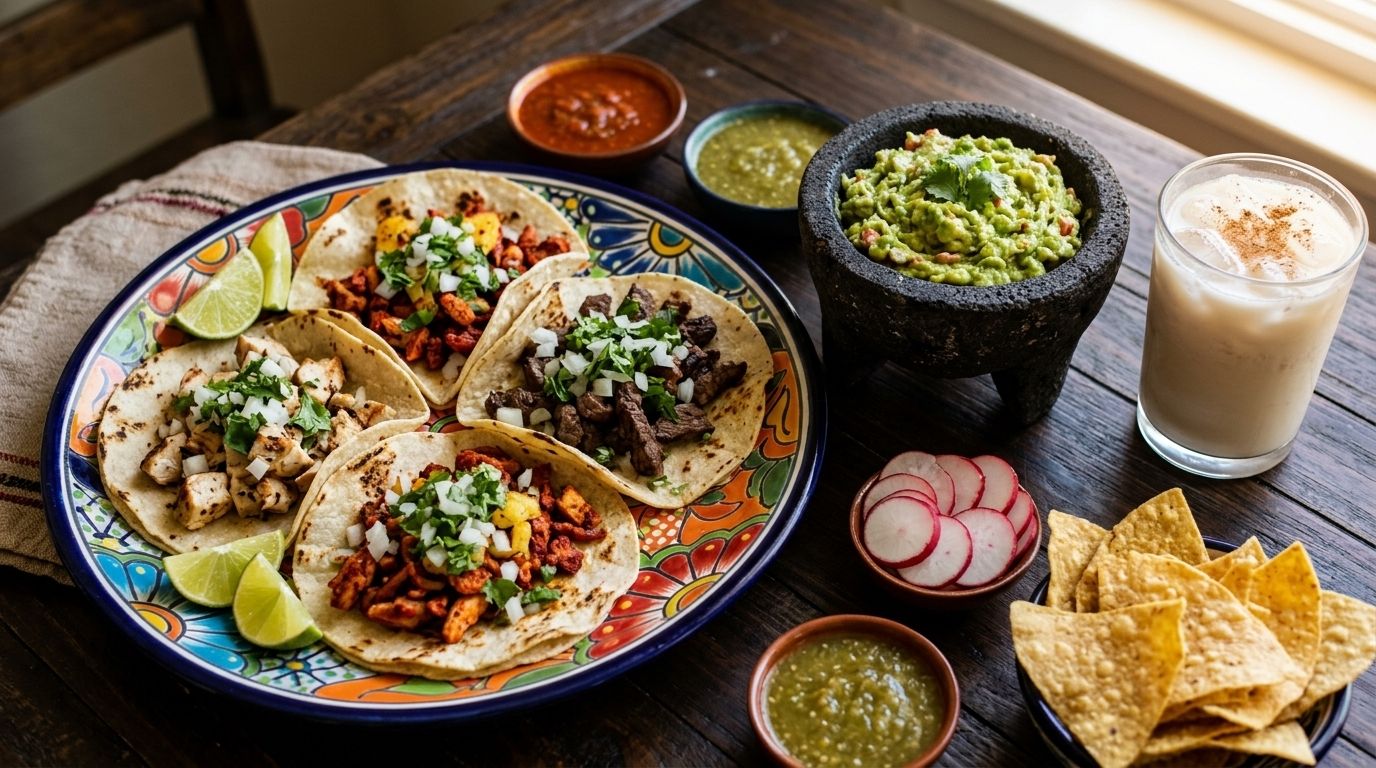 A plate of soft corn tacos with salsas, guacamole and horchata