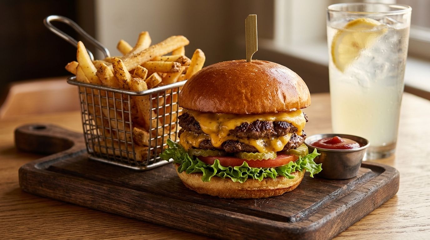 A double cheeseburger with fries and lemonade