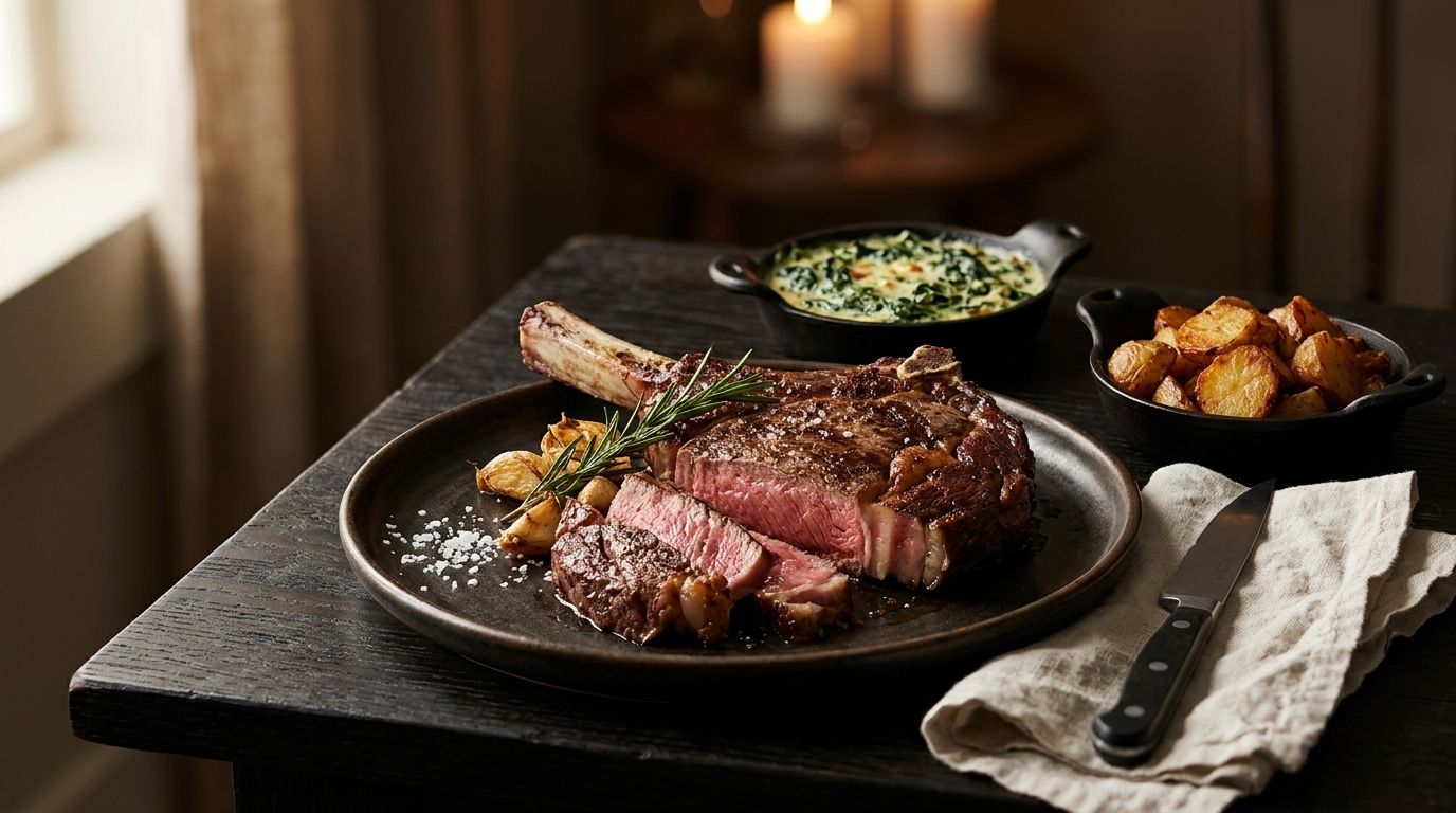 A sliced bone-in ribeye with creamed spinach and roasted potatoes