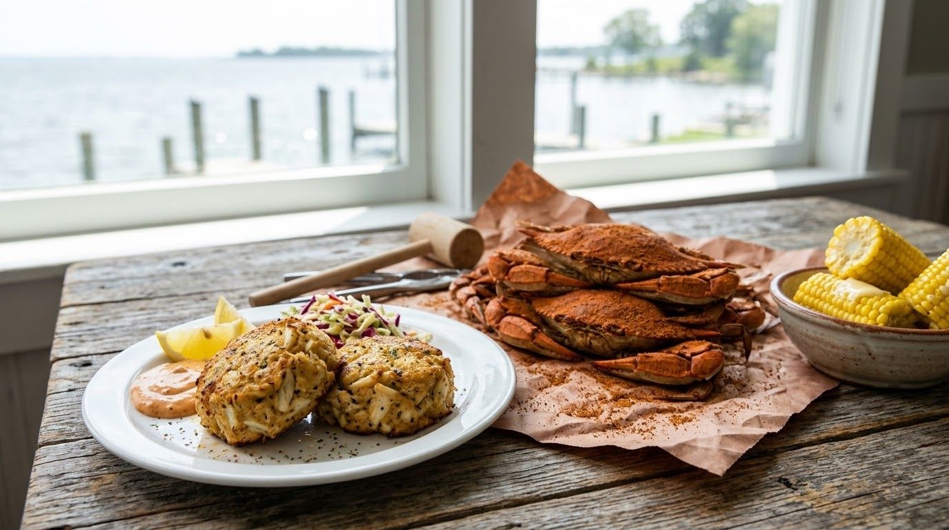 Crab cakes and steamed blue crabs by a window over the water