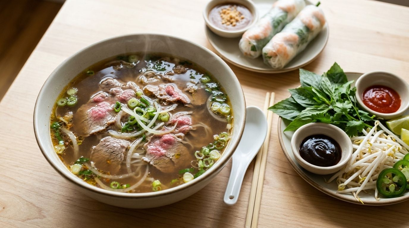 A bowl of pho with fresh herbs, sprouts and spring rolls