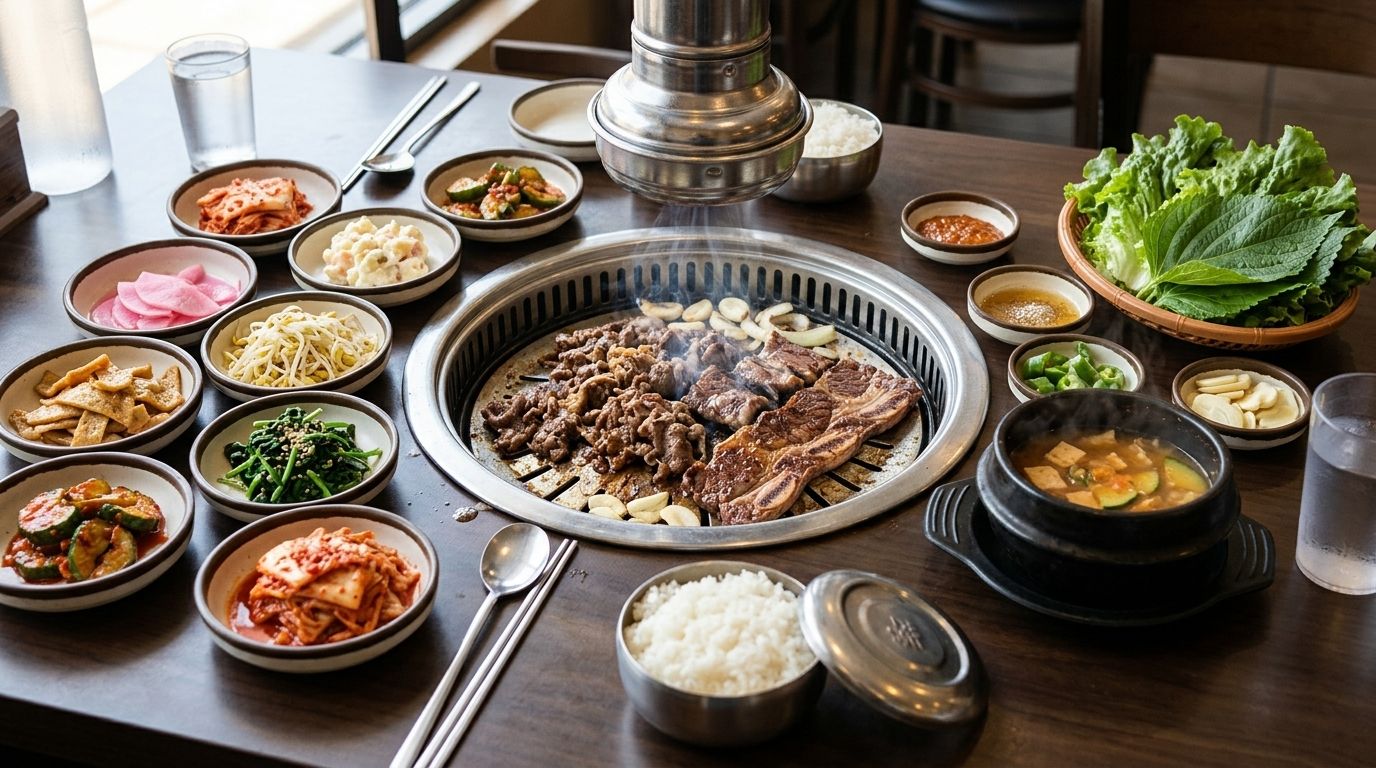 Korean barbecue on a table grill with many small side dishes
