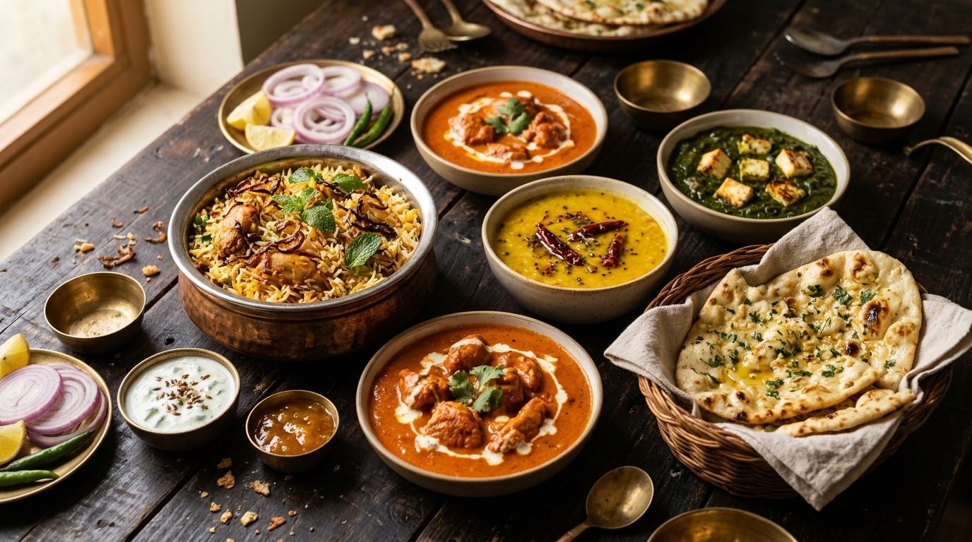 Biryani, butter chicken, dal, saag paneer and garlic naan