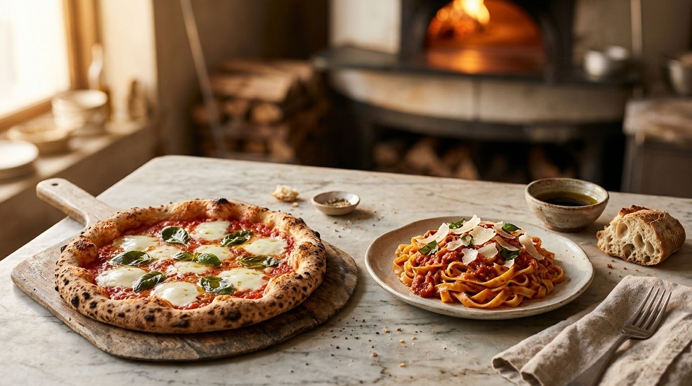 A wood-fired margherita pizza and fresh tagliatelle