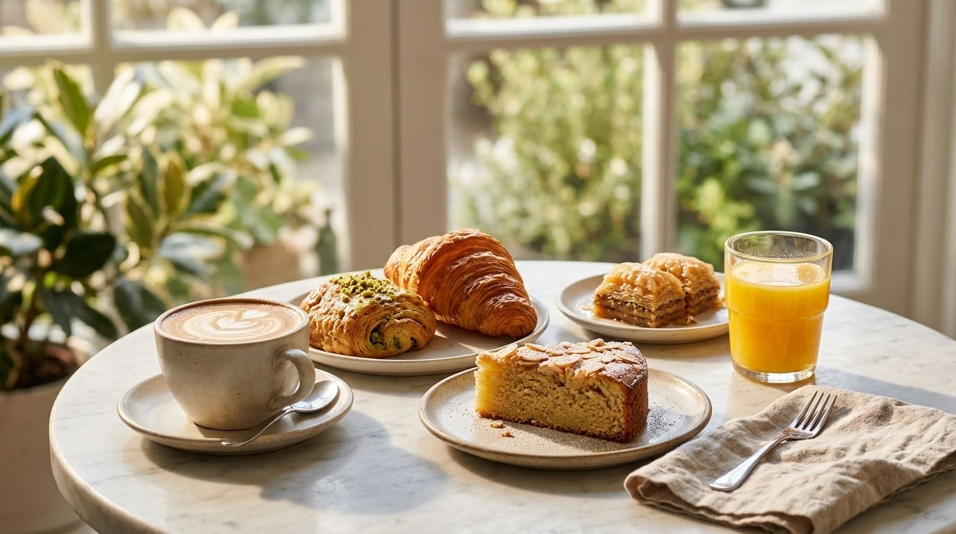 A cappuccino, croissant, pastries and orange juice by a sunny window