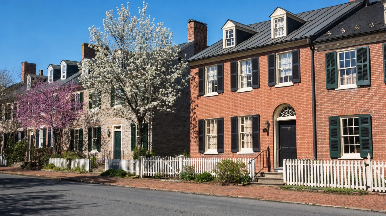 Federal brick houses with white picket fences on a street in Old Leesburg in spring, with flowering trees