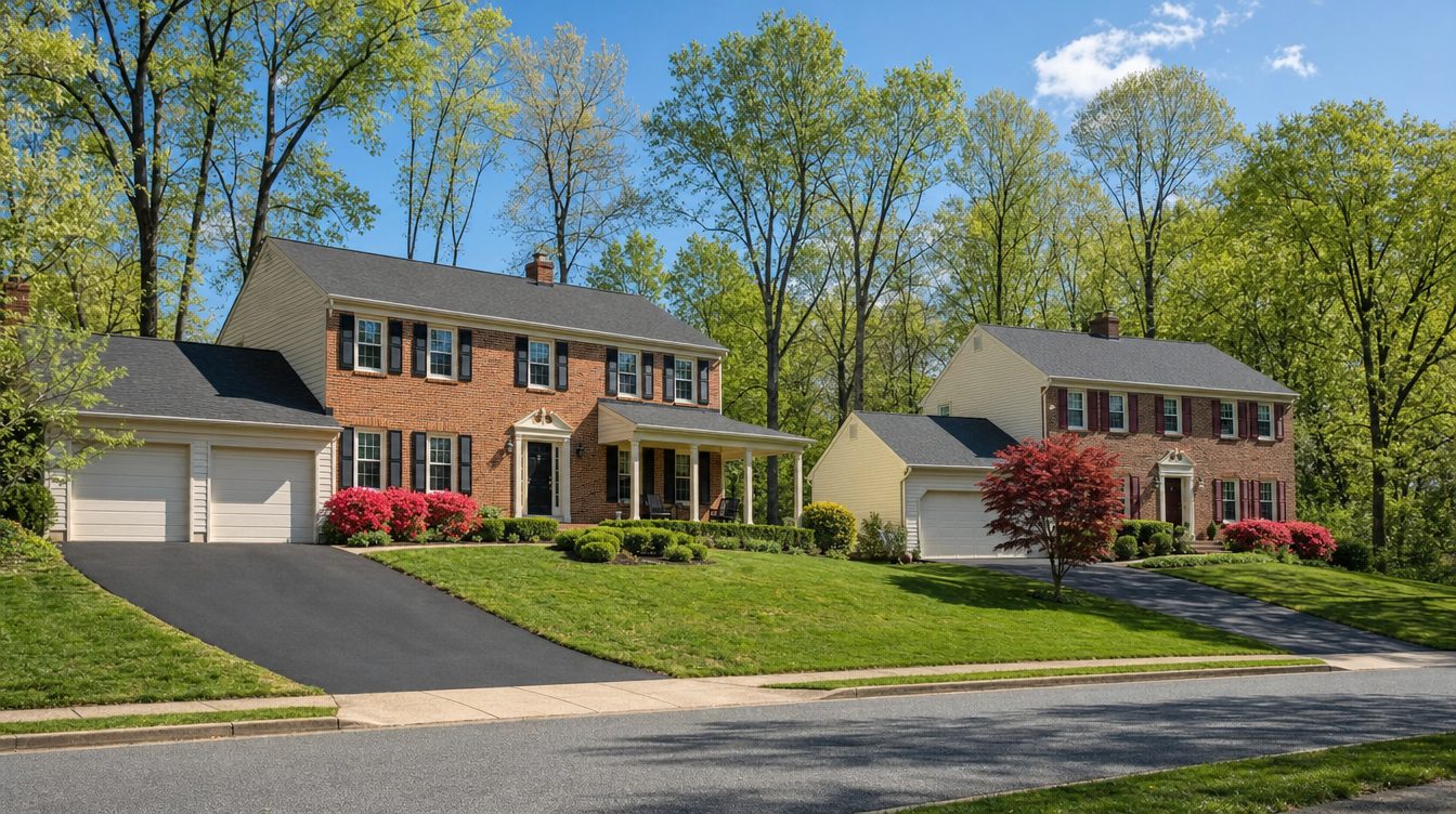 Brick-front colonials with two-car garages on Parliament Drive in Burke in late spring