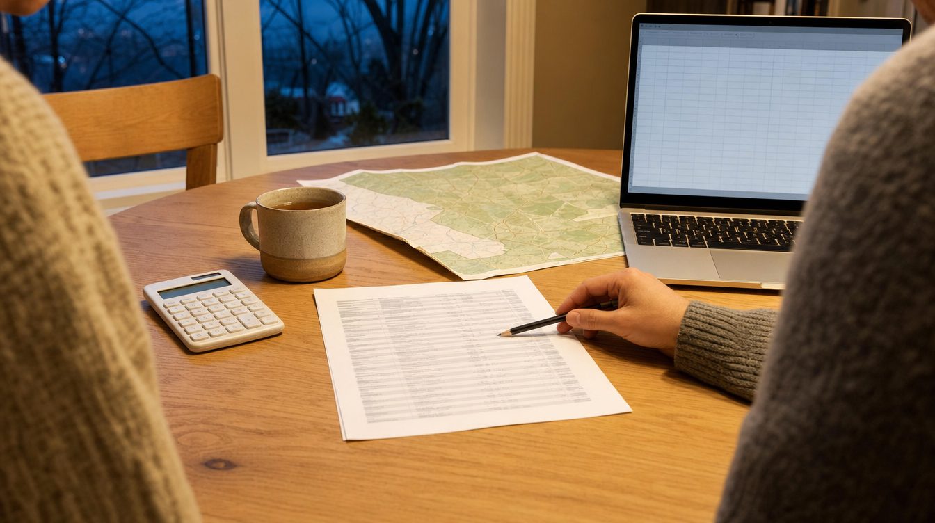 A budget sheet, calculator, laptop and county map on a kitchen table at night, one hand marking a number
