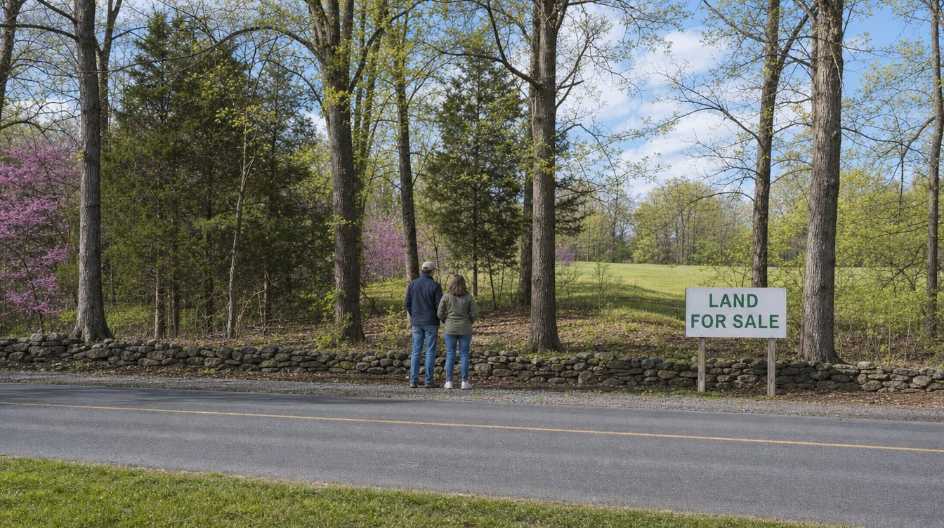 A couple on a country road in western Loudoun looking at a wooded lot with a land for sale sign