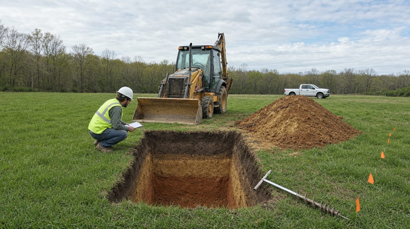 A soil evaluator beside a backhoe test pit showing topsoil, subsoil and red clay layers, orange flags marking the drainfield