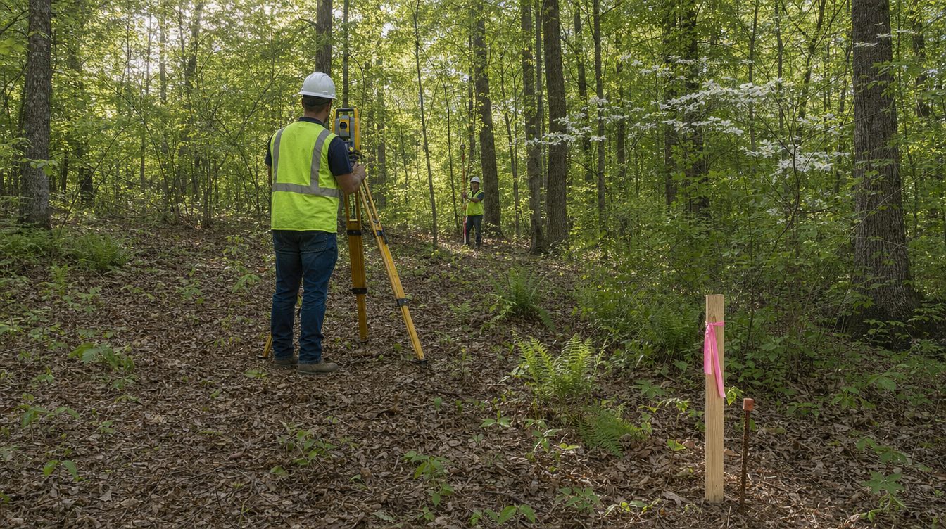 A land surveyor at a total station on a wooded lot, a flagged stake marking the corner