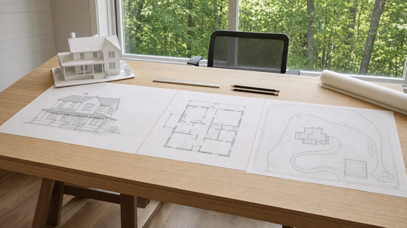 House plans, a site plan with a curving driveway and septic field, and a white model of the farmhouse on an architect's desk