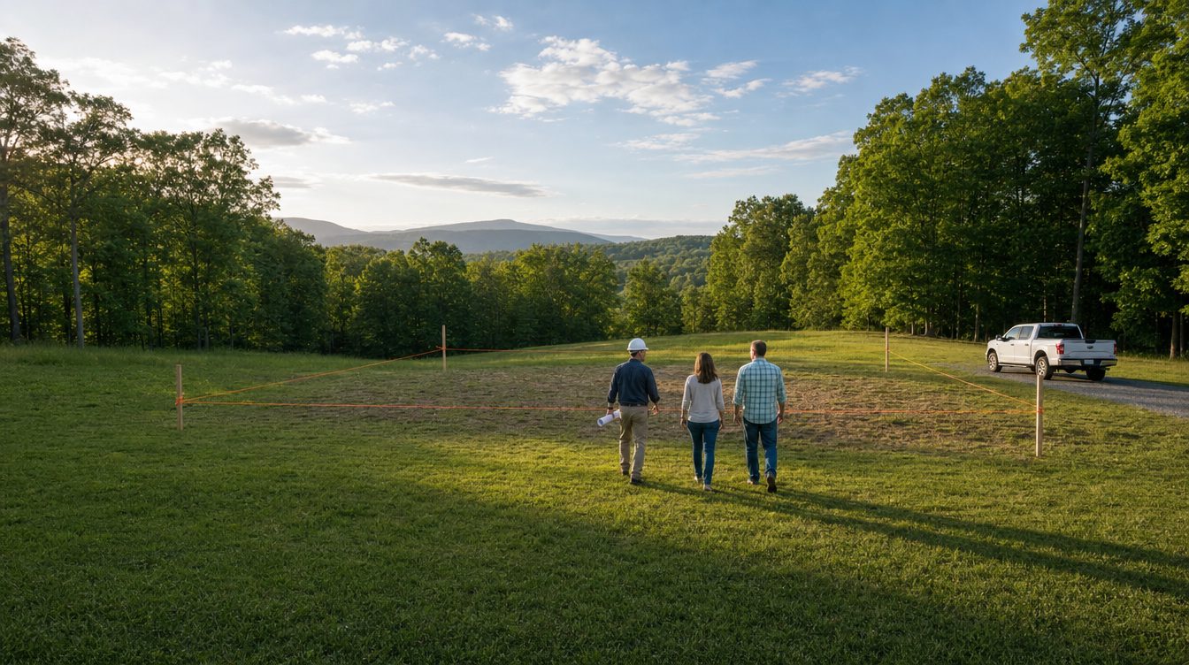 A builder and two owners walking a cleared homesite with the house corners staked out