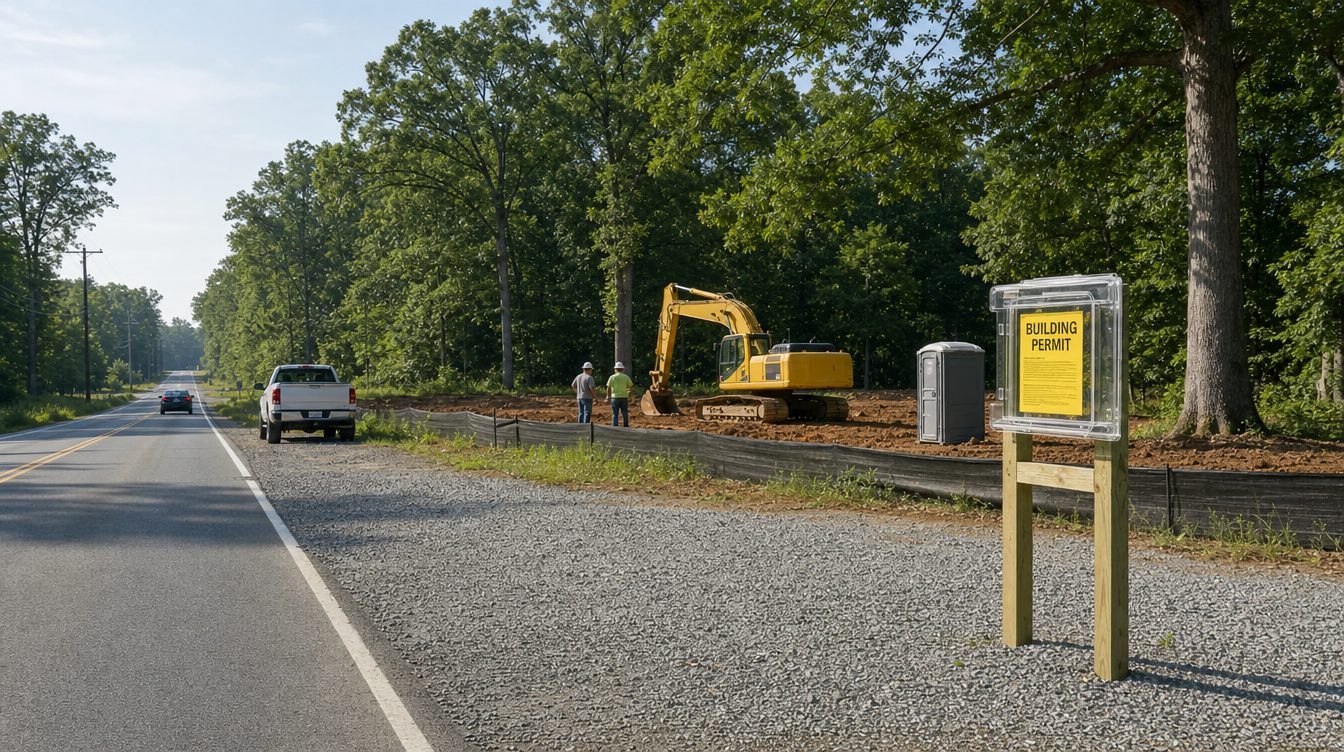 A building permit box on posts at the gravel entrance of a cleared lot, an excavator behind