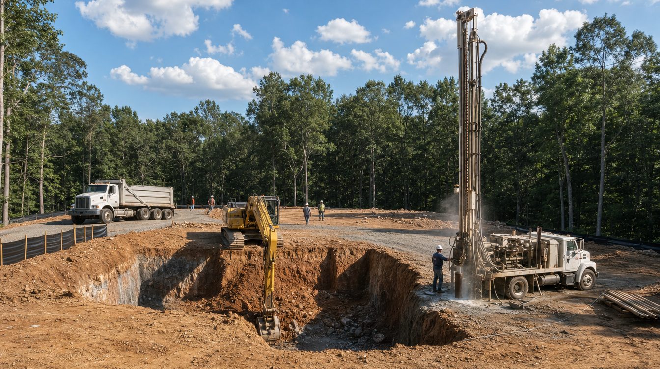 A well drilling rig at work beside an excavator digging the basement on a wooded homesite