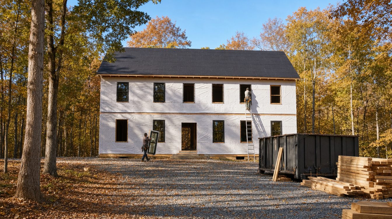A two-story house framed and wrapped in house wrap, windows going in, on a wooded lot in fall