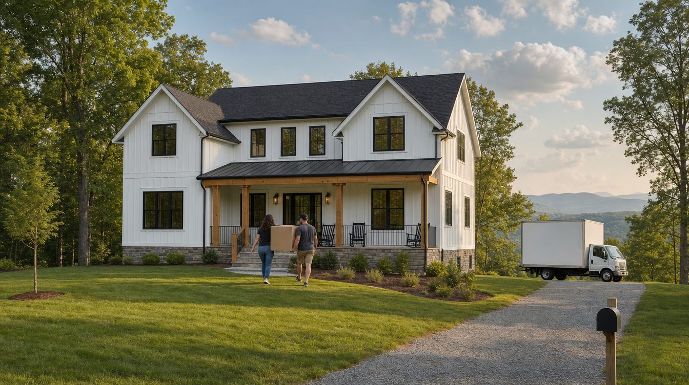 Two people carrying a moving box up the porch steps of a finished white farmhouse, a moving truck on the drive
