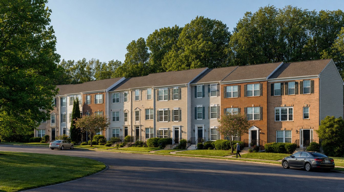A long curving row of brick and sided townhouses under tall green trees