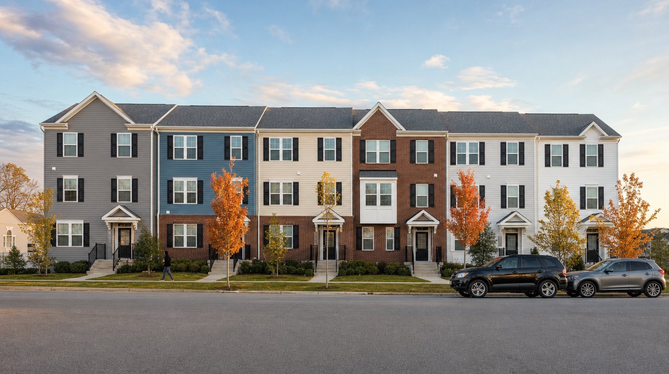 A row of three-story townhouses in gray, blue, cream, brick and white siding with young fall trees along the street
