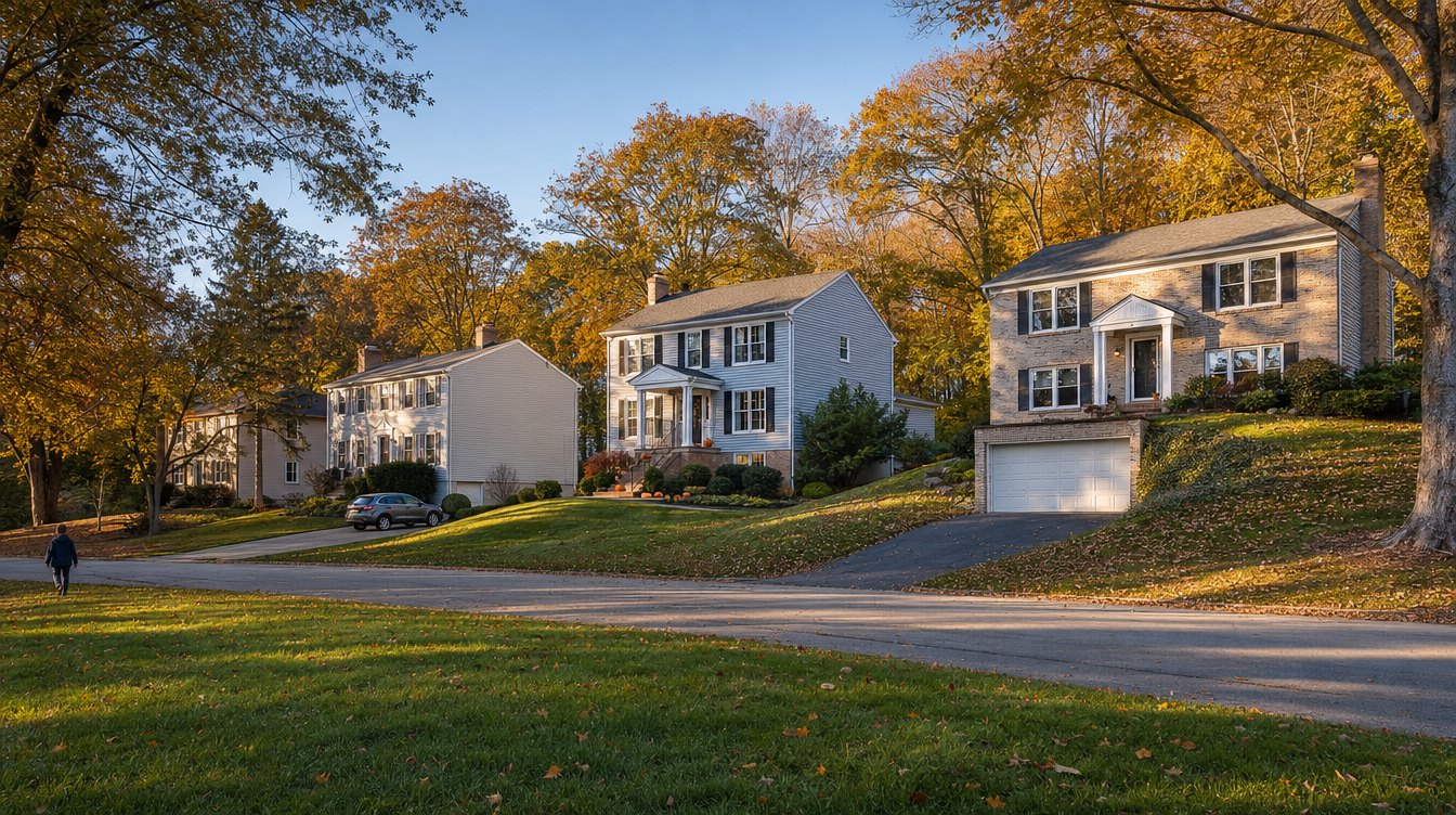 Colonials and a brick split-level on a sloping street under tall trees in fall color