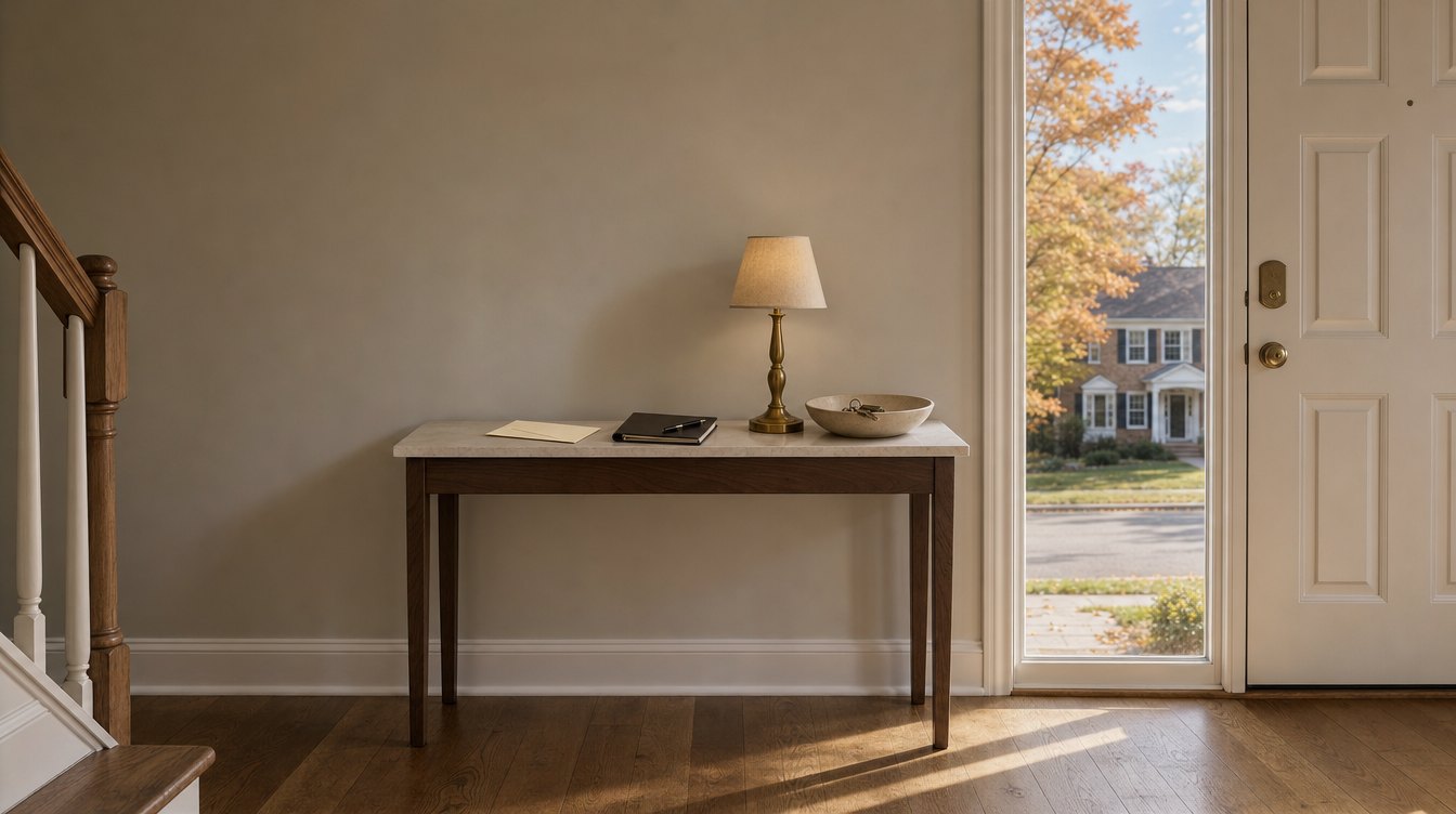 An envelope and a checkbook on a hall table beside a lamp, with the front door open to a fall street