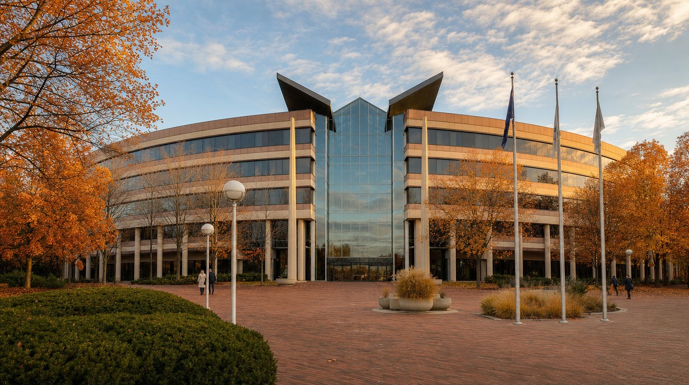 The curved Fairfax County Government Center with its glass atrium and flags, behind a brick plaza and orange fall trees