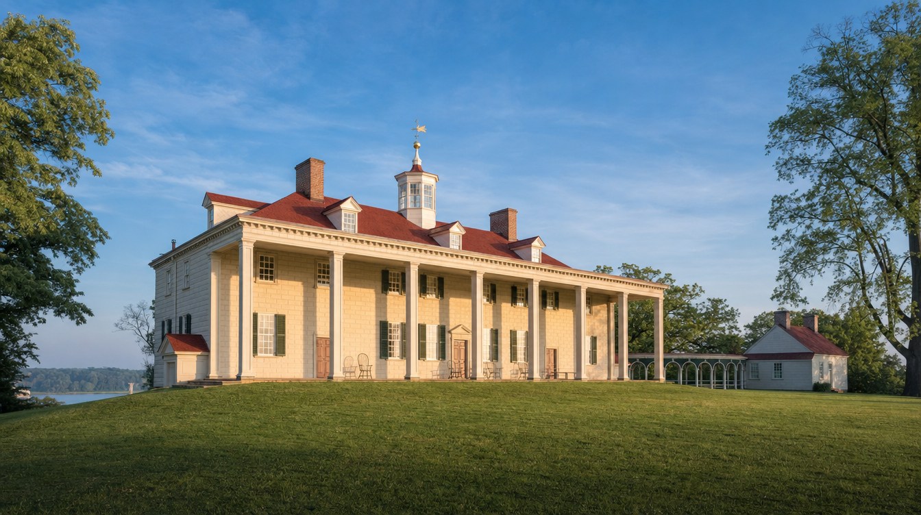 The east front of George Washington's Mount Vernon in early morning sun, with its two-story columned piazza, red roof, dormers and cupola, on a wide green lawn in summer leaf