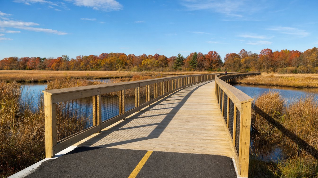 The rebuilt Mount Vernon Trail bridge across Dyke Marsh in the fall, a pale wooden deck with tall railings curving over the marsh past gold grasses and orange and red trees