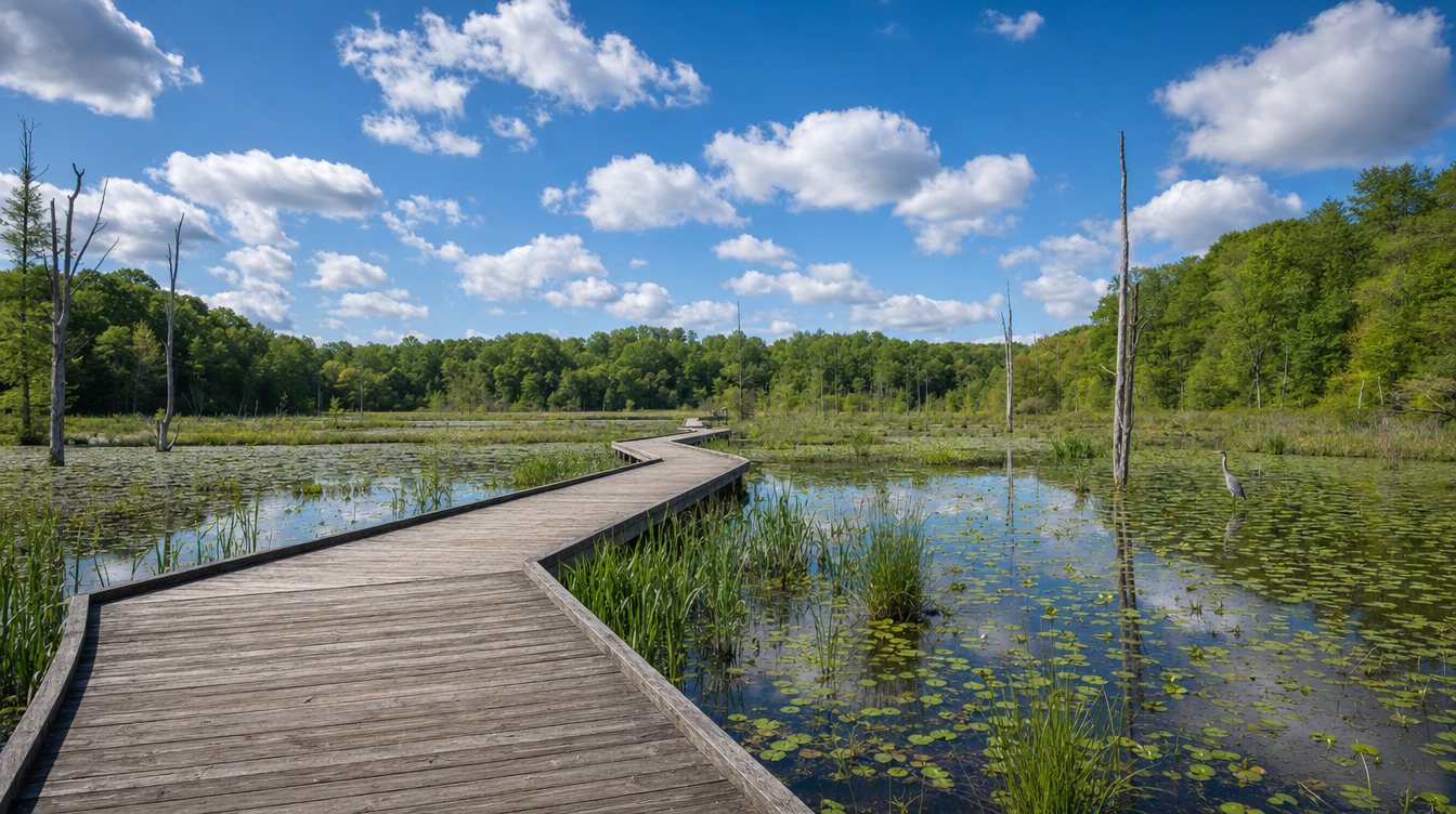The gray wooden boardwalk at Huntley Meadows zigzagging across a spring marsh of lily pads and reeds, past dead snags, with a heron in the shallow water and woods all around
