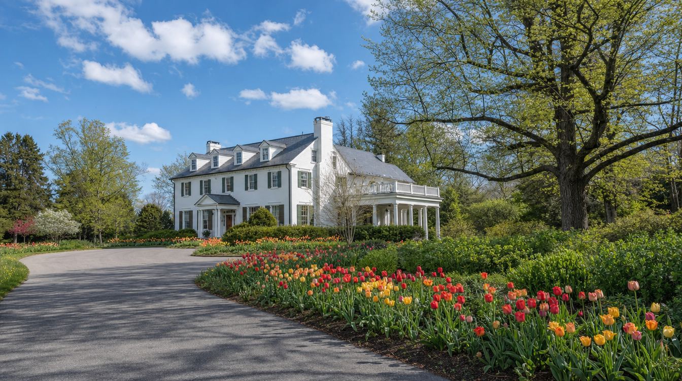 Red, yellow and orange tulips lining the curving drive to the white manor house at River Farm in spring, with a big shade tree at the right