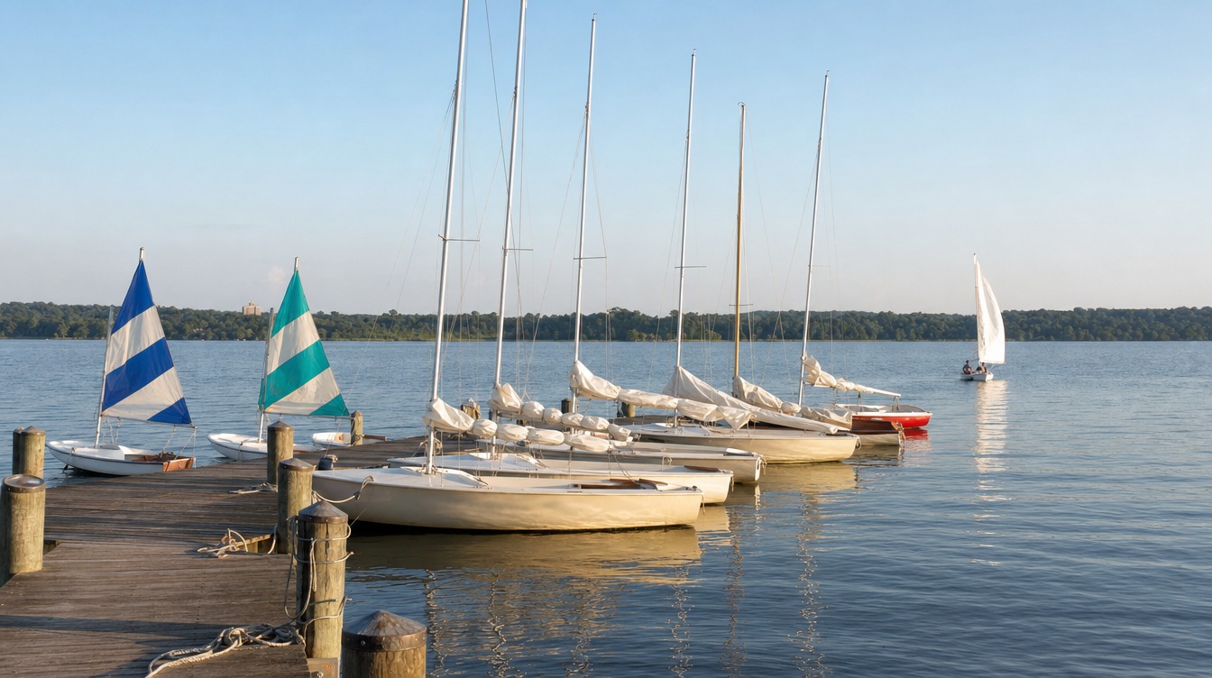 Small sailboats moored at the wooden dock of Belle Haven Marina on a summer evening, two with blue- and teal-striped sails, and one sailboat out on the wide Potomac