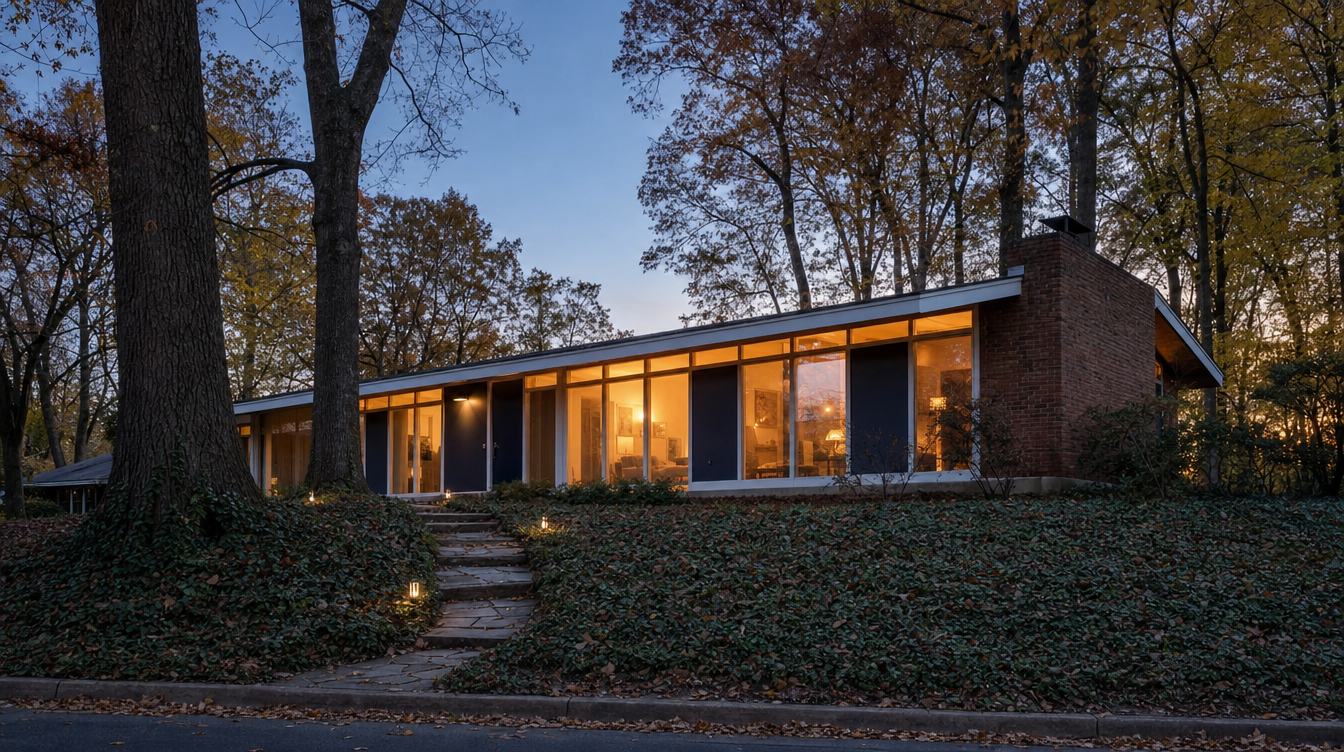 A long, low modern house on Rebecca Drive in Hollin Hills at autumn dusk, its tall glass panels lit warm between navy wall panels, with a brick chimney and a flagstone path up an ivy slope