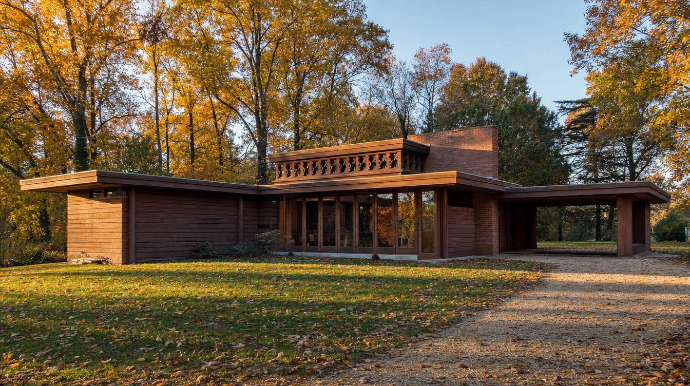 Frank Lloyd Wright's Pope-Leighey House in autumn, a low house of warm cypress boards with flat roofs reaching far out, a cut-out clerestory, a brick chimney and a carport, among gold trees