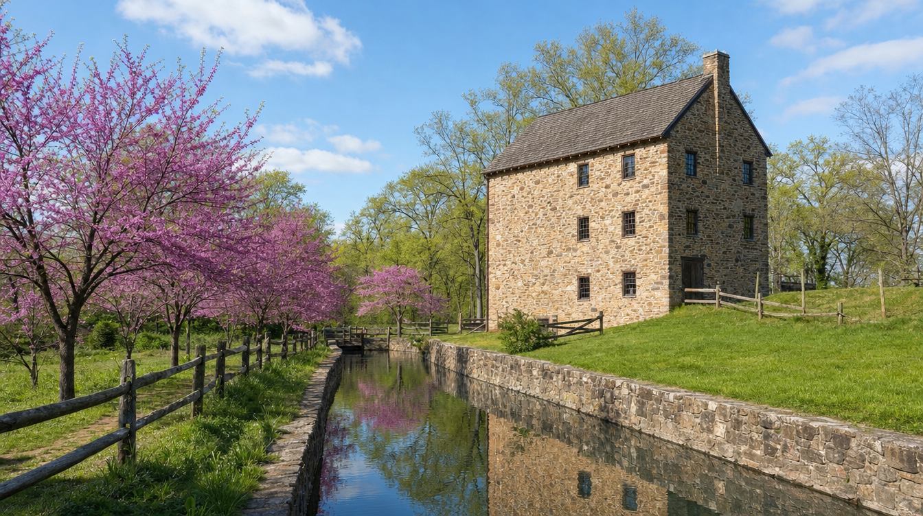 George Washington's stone gristmill beside its stone-edged millrace in spring, with redbuds in bloom along a split-rail fence