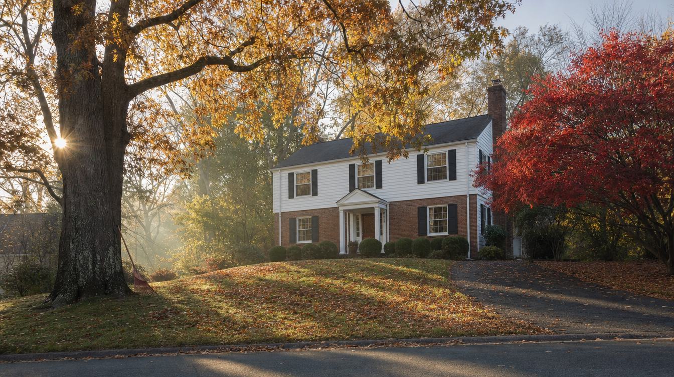 A two-story colonial in Waynewood on a late-October morning, red brick below and white siding above with black shutters and a small white portico, set back on a sloping lawn of fallen leaves under a big oak and a scarlet maple