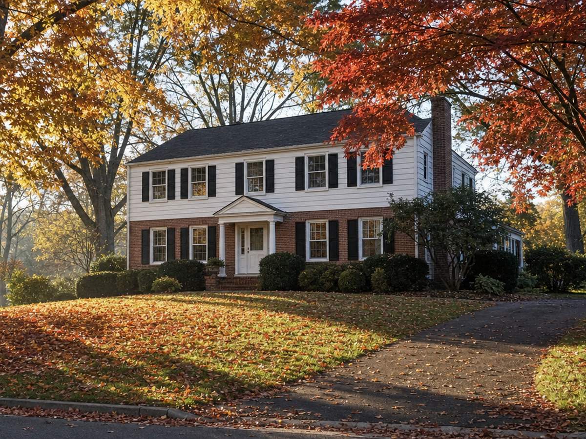 A brick and white-siding colonial with black shutters behind a leaf-covered lawn under large autumn trees.