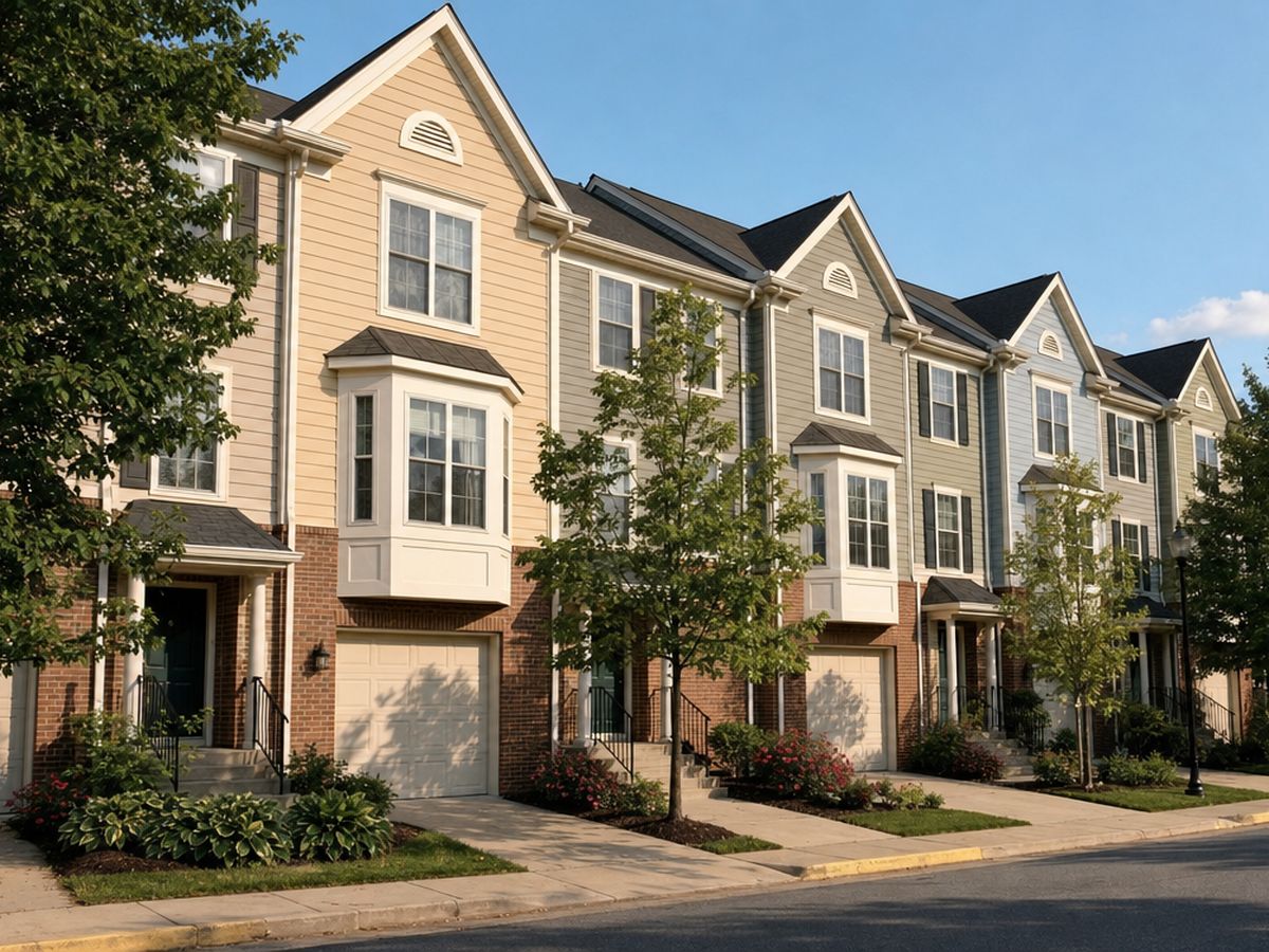 A row of three-story townhomes with brick lower floors, colored siding, bay windows and front garages on a sunny day.
