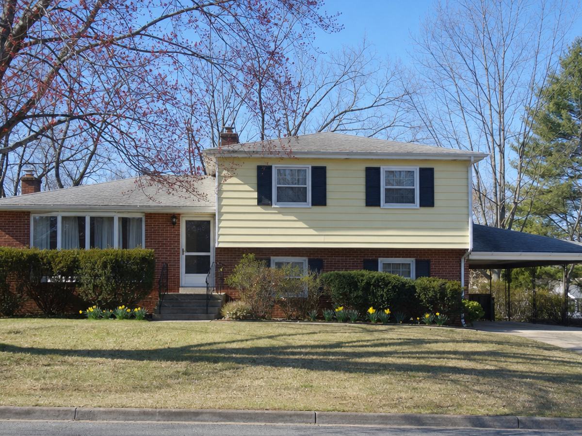A 1960s split-level house with a brick lower floor, pale yellow siding and a carport behind a wide lawn in early spring.