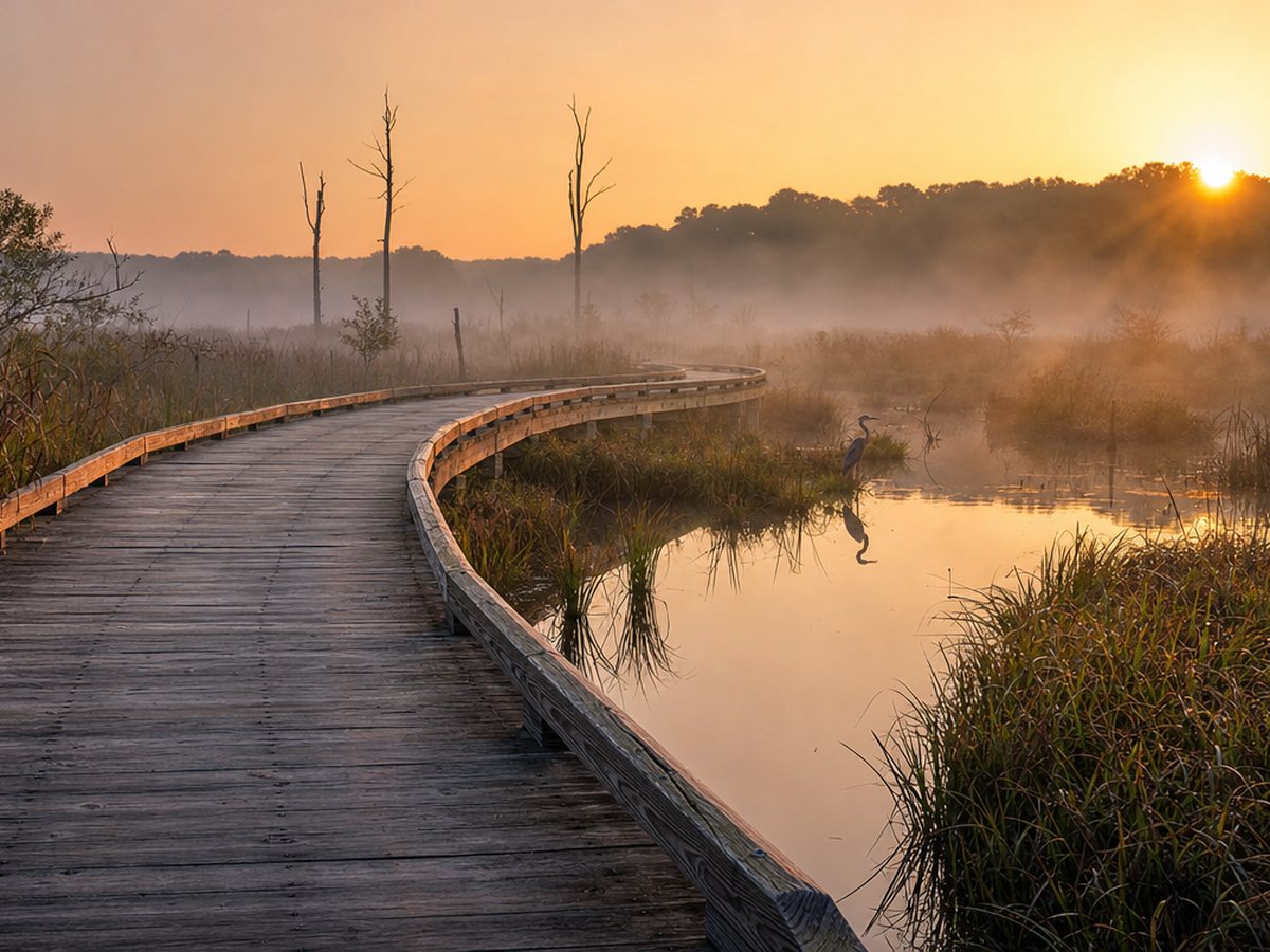A wooden boardwalk curves across a misty marsh at sunrise, with dead trees and a heron in the water.