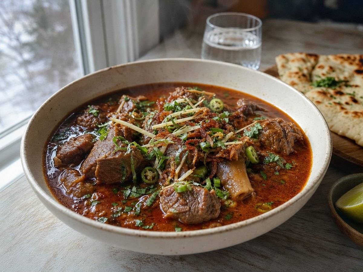 A bowl of beef nihari topped with ginger, green chili and cilantro, served with naan and lime beside a window.