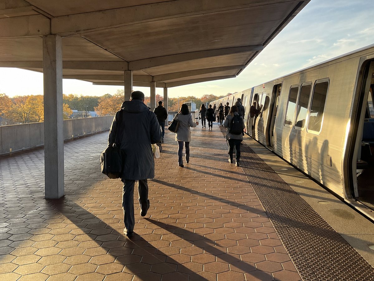 Commuters walk along the red-tiled outdoor Metro platform at Huntington station beside a waiting train in morning sun.